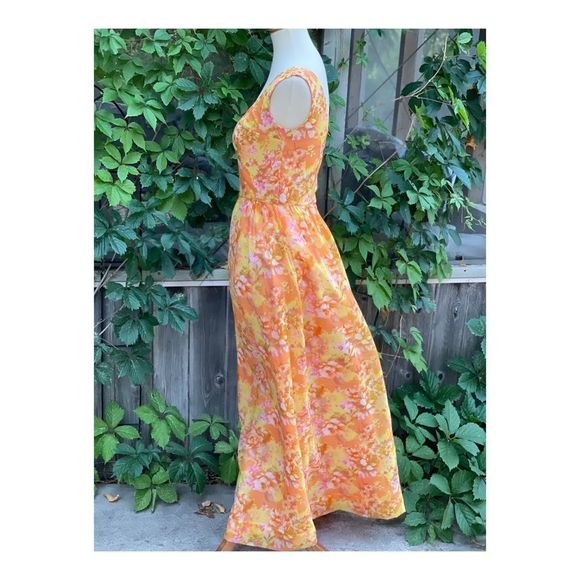1950s Chiffon Formal Gown Dress Maxi Floral Tangerine Pink Yellow Sleeveless - Picture 5 of 16